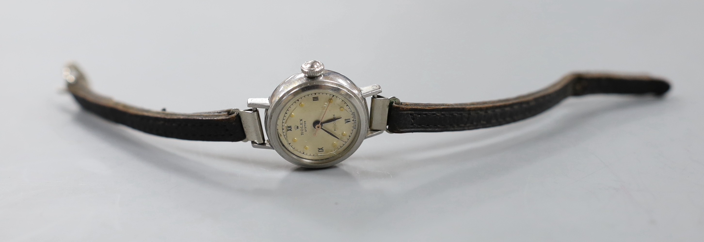A lady's 1940's stainless steel Rolex Oyster Precision manual wind wrist watch, on associated strap, case diameter 24mm.